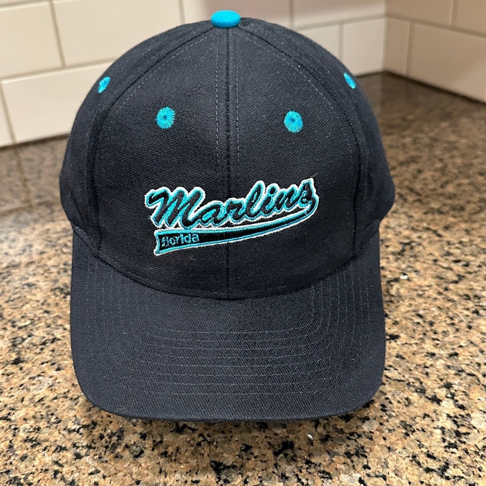 Florida Marlins Hat Logo Athletic Baseball Cap OSFA Black Teal MLB Vintage